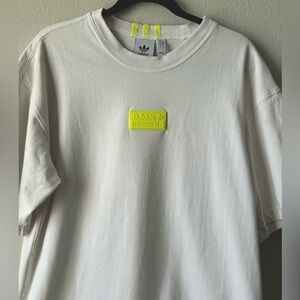 Adidas oversized white cotton tee w/ rubber neon yellow logo patch & 3 stripes S